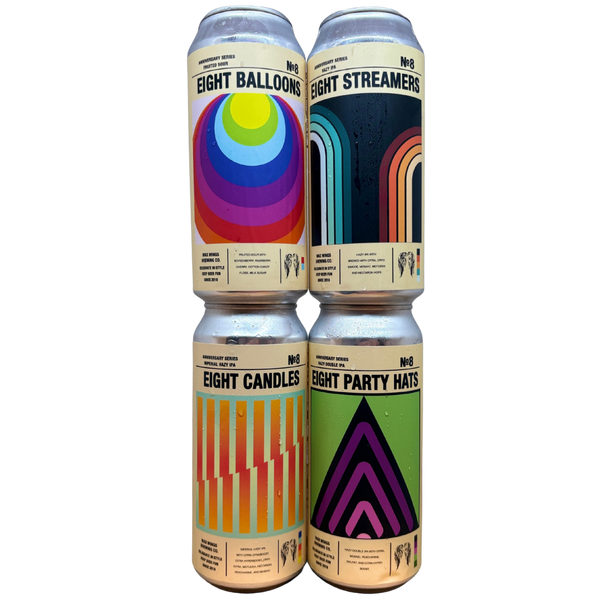 Wax Wings - Eight Anniversary Can Set (Eight Candles, Eight Party Hats, Eight Streamers, Eight Balloons) – Triple IPA van Wax Wings, blik 47,3 cl